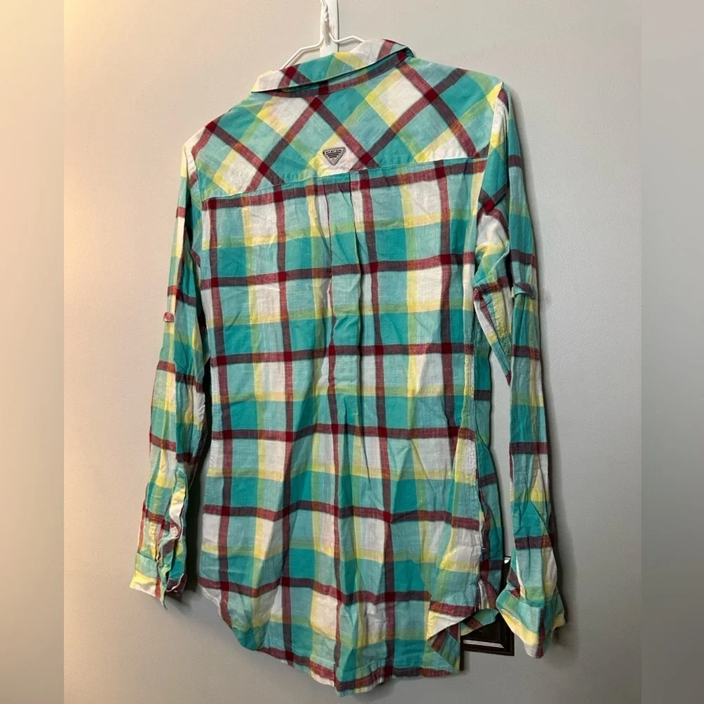 Women’s Columbia long sleeve tunic quarter button down turquoise plaid top - Picture 4 of 4